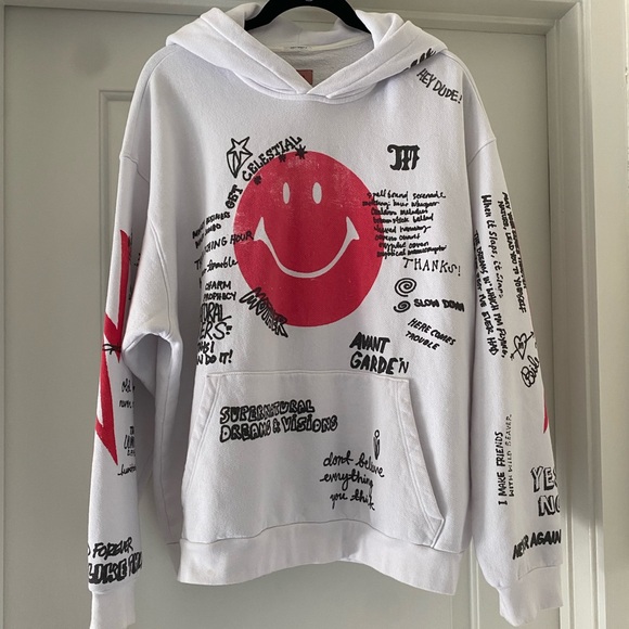 MOTHER White Oversized Hoodie with Red Smiley Scribbles Graphic - Picture 1 of 12